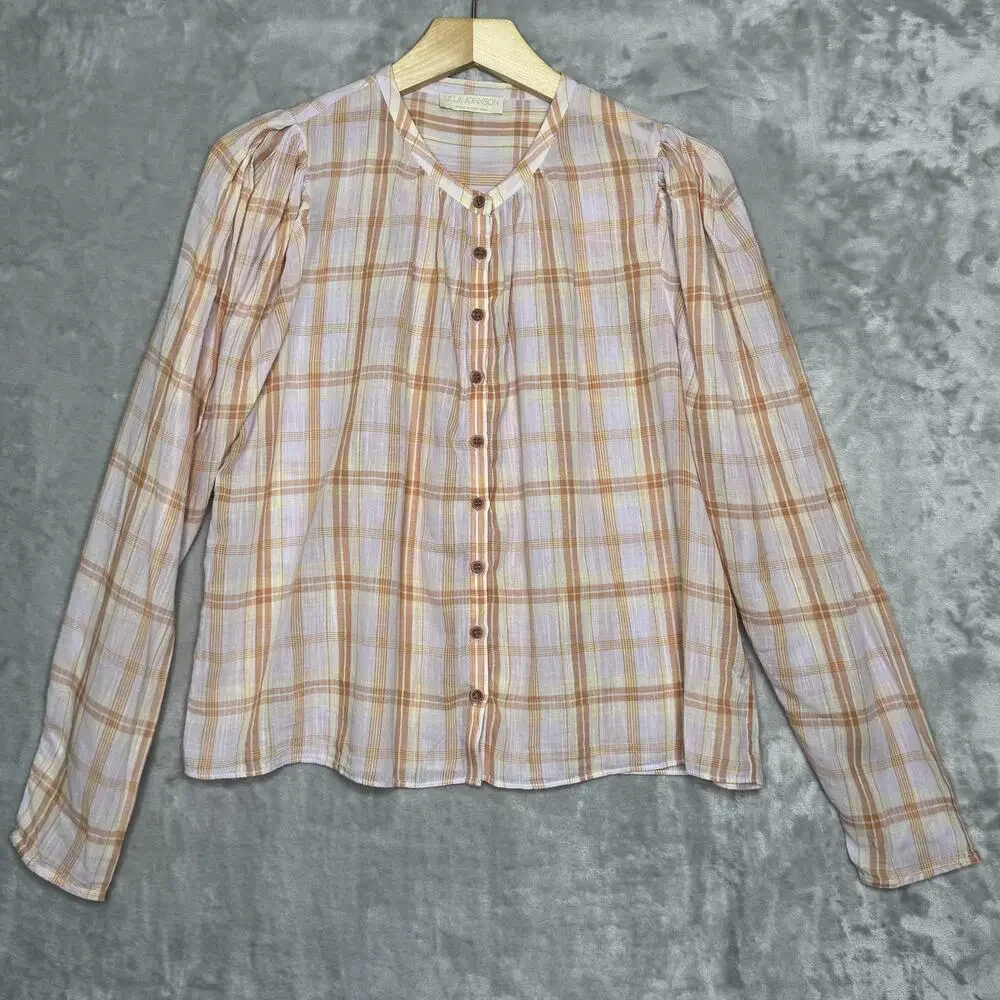 Ulla Johnson Plaid Button Down Shirt in Pink and Orange - Picture 1 of 10